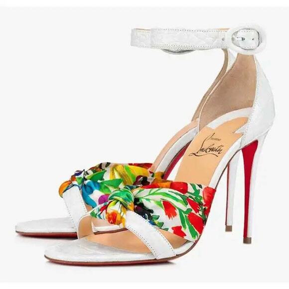 Christian Louboutin Ruban 100 White Croc Satin Ankle Strap Sandal Heel Pump 37 - Picture 1 of 9